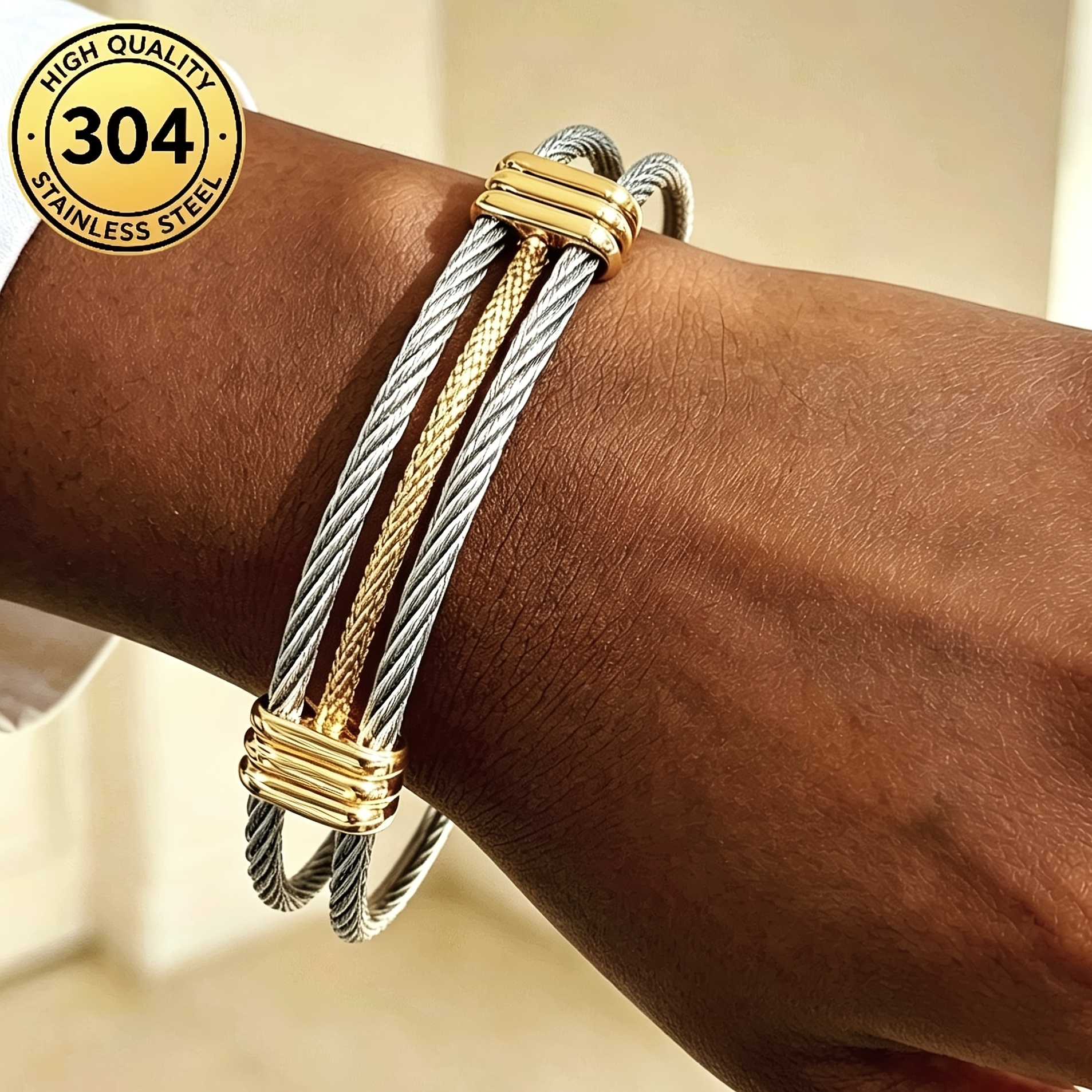 Minimalist Two-Tone Double Strand Cable Bracelet, Adjustable Gift